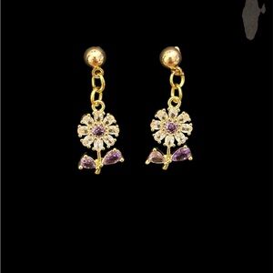 Gold and Purple Floral Dangle Earrings